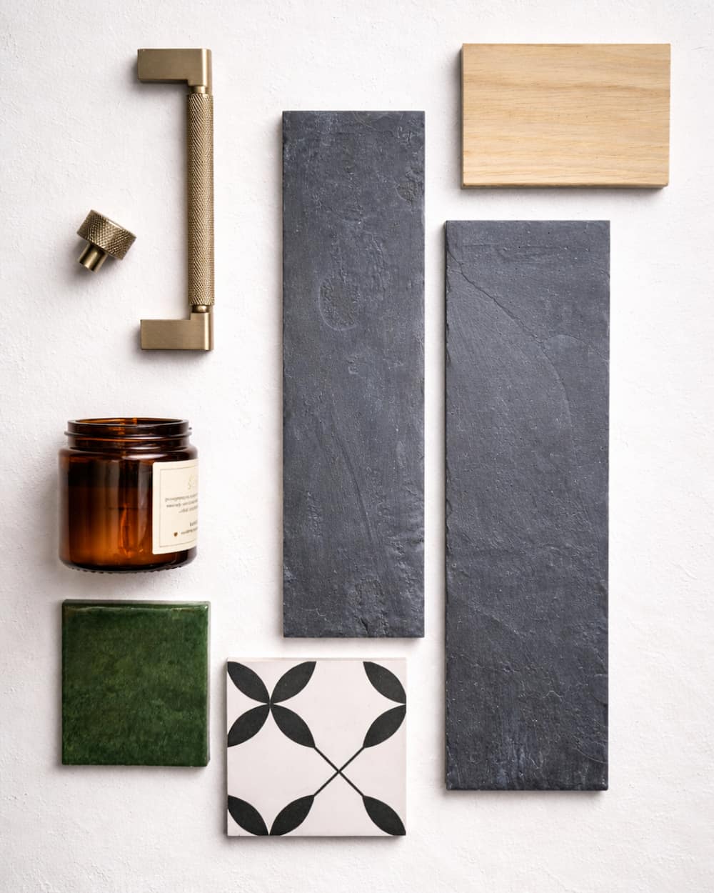 Moodboard łazienki z płytką łupkową Black Slate Brick 10x30